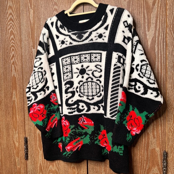 VTG Courtney Blake Acrylic Knit Rose Graphic Sweater Oversize USA Made Red White - Picture 2 of 8